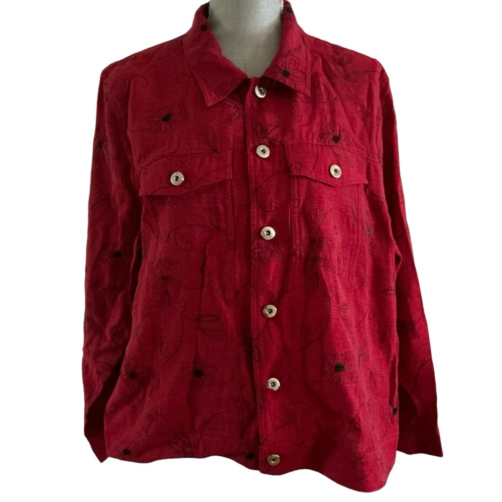 Silkland women’s silk blend red with black embroidered flowers button up jacket